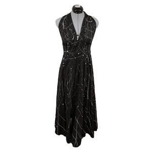 LUNA LUZ Small Black Dress Maxi Halter Paint Splatter Flowy Cotton Whimsigoth